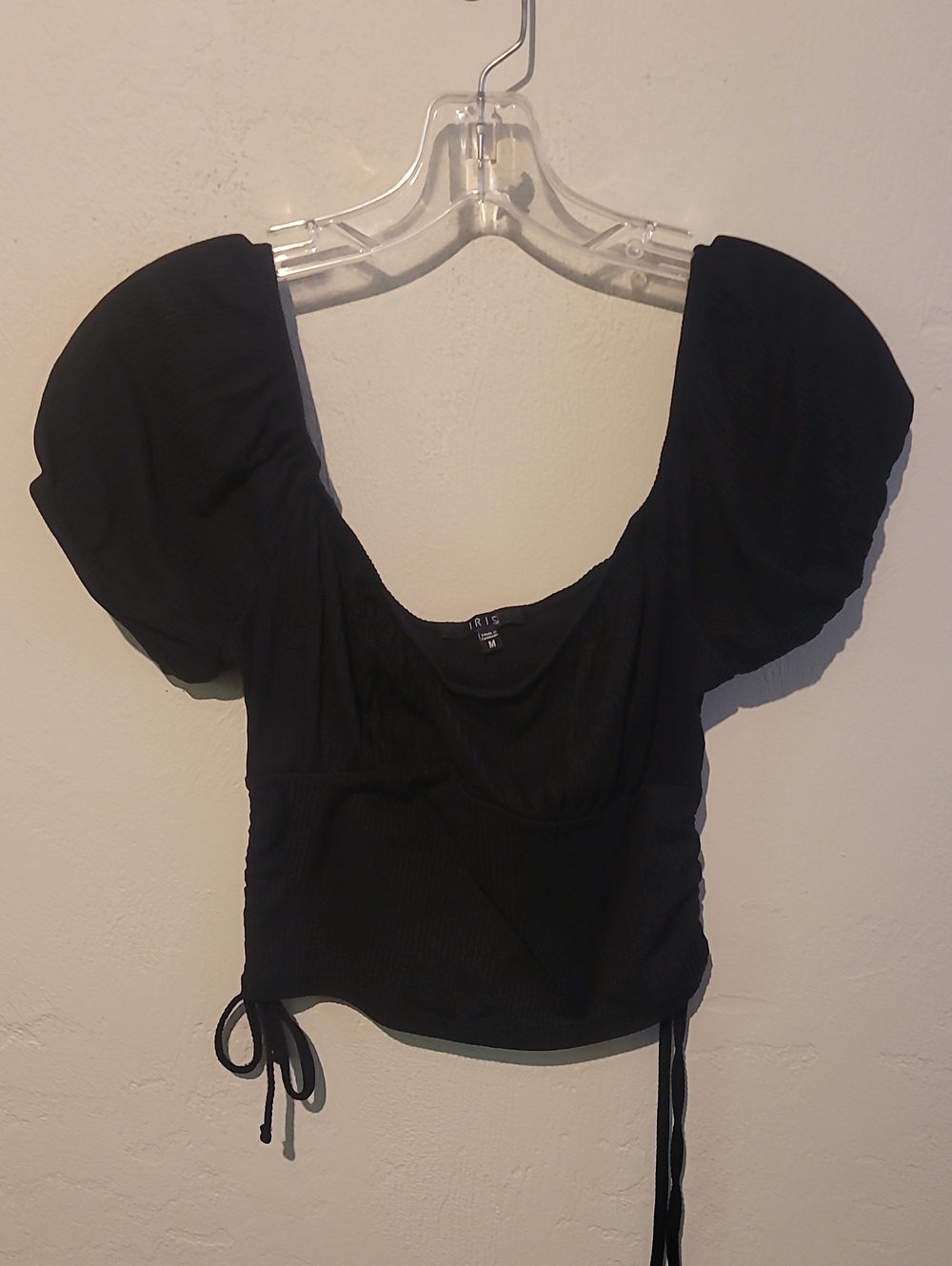 iris Black Puff-Sleeve Ribbed Crop Top with Side Ties